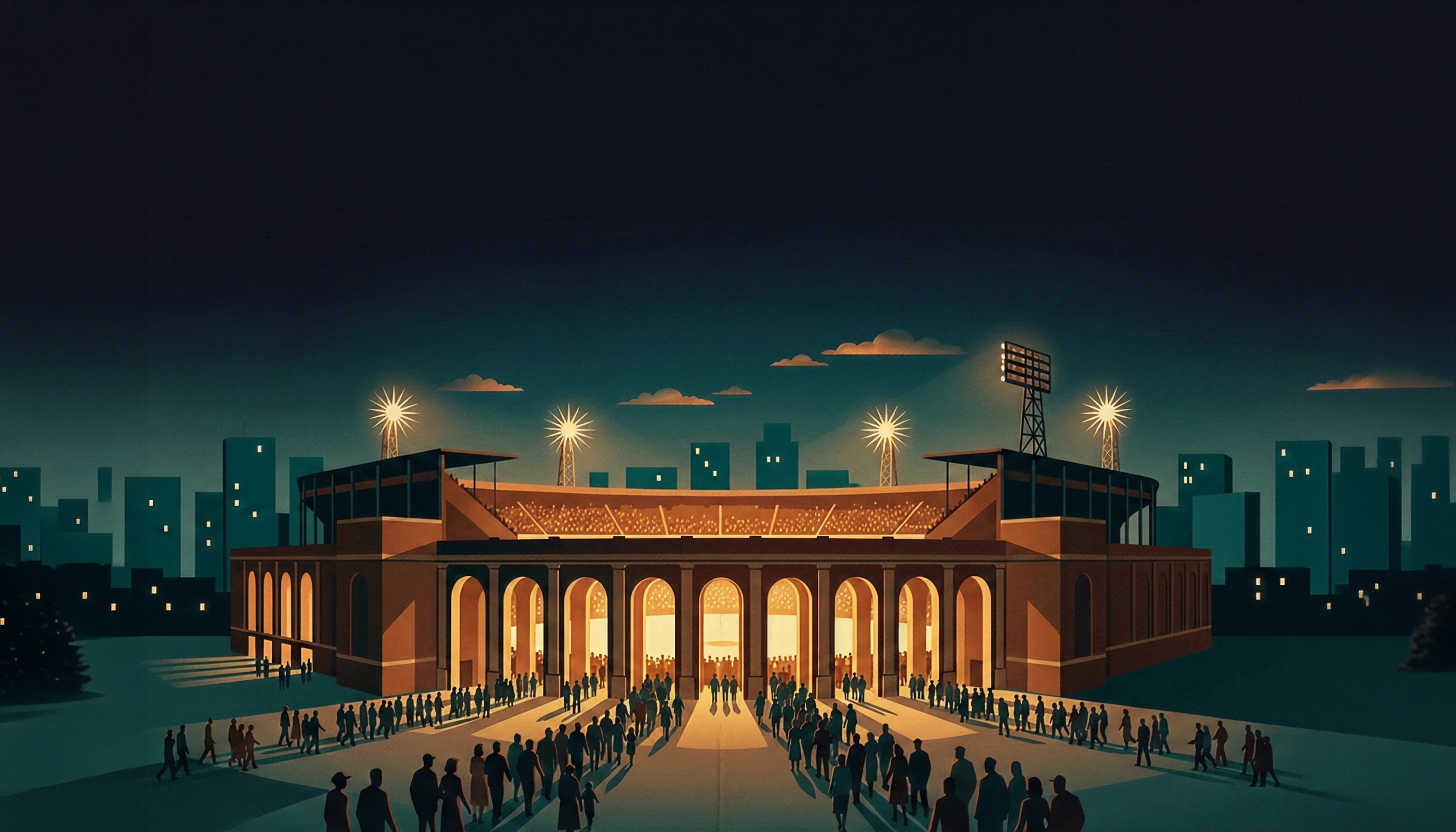 A grand old brick baseball stadium at twilight, fans streaming in through arched entrances, city skyline glowing behind the light towers