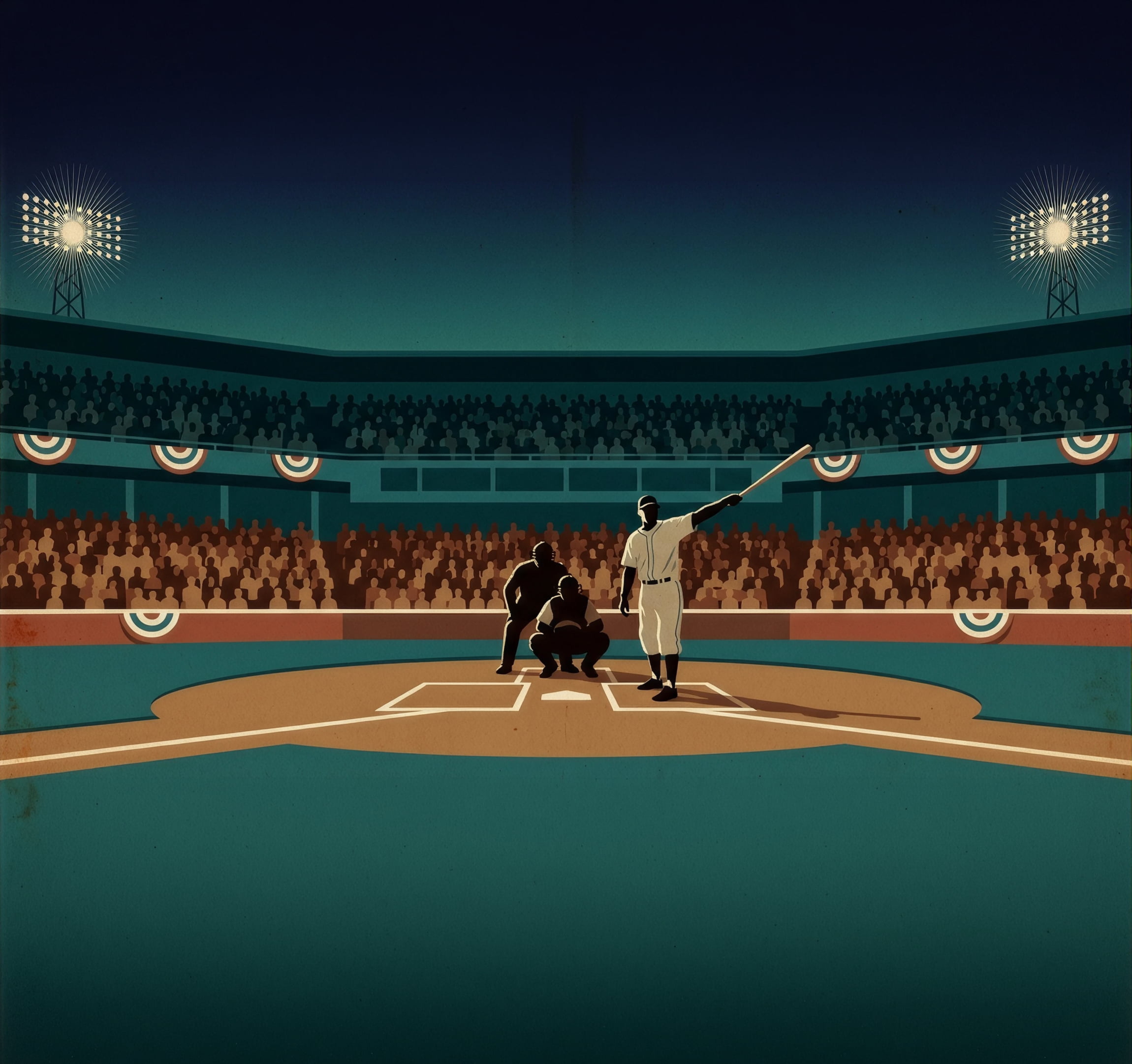 A batter at home plate under stadium lights on an October night, one arm raised, pointing his bat toward the outfield stands. A catcher and umpire wait behind him and a packed two-tier grandstand rises above.